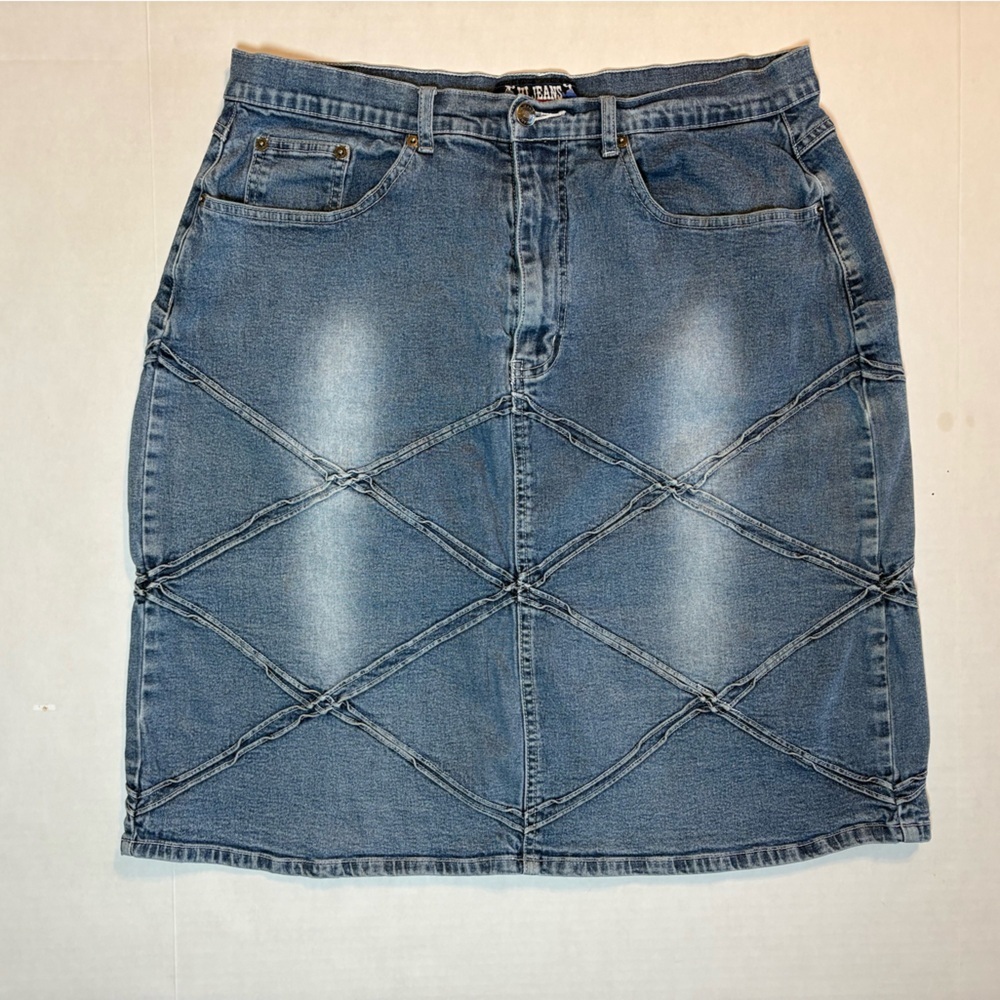 Y2K vintage diamond crisscross light wash denim midi skirt size 18